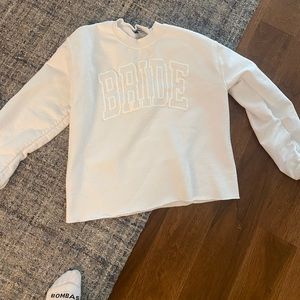 Gildan size small white sweatshirt with BRIDE letters band on bottom cut off